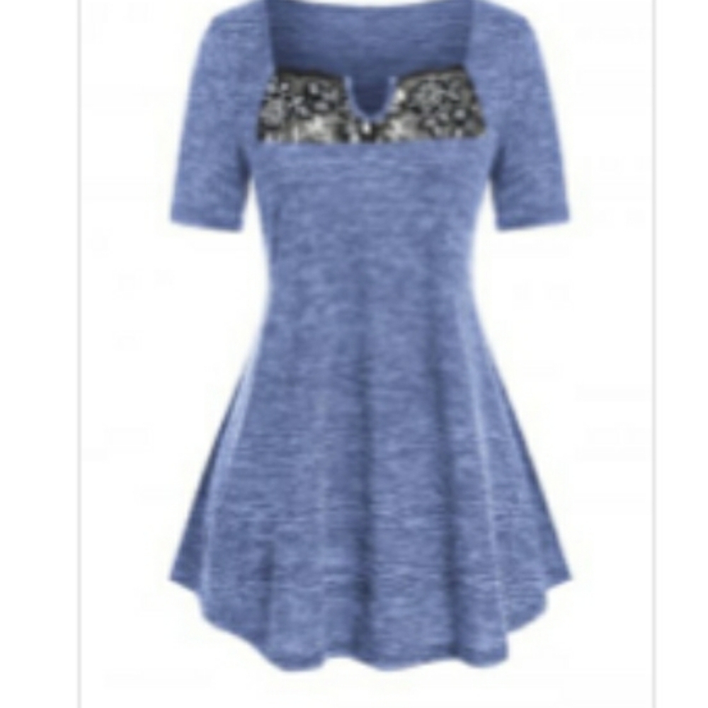 Everyday muted blue short sleeve top, sparkling lace front, size large